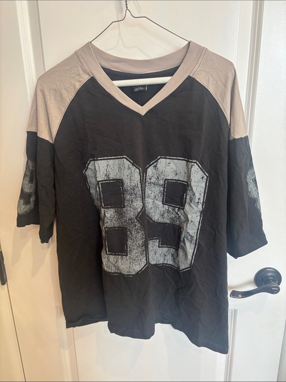 Urban Outfitters Black and Cream Raglan Football Tee with Number 89